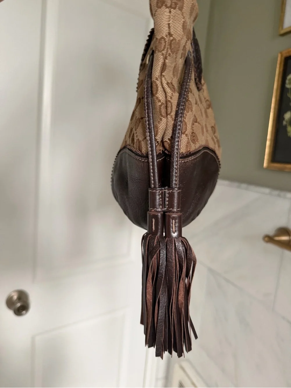 Gucci Tribeca Beige and Dark Brown GG Canvas Tote with Tassels